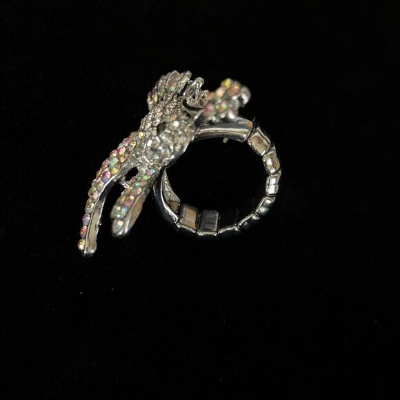 Vintage Silvertone Bedazzled Rhinestone Sparkly Statement Stretchy Bird Ring - Picture 3 of 7